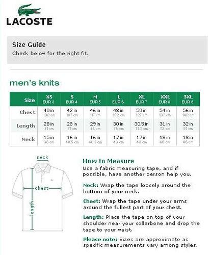 lacoste size chart for men.